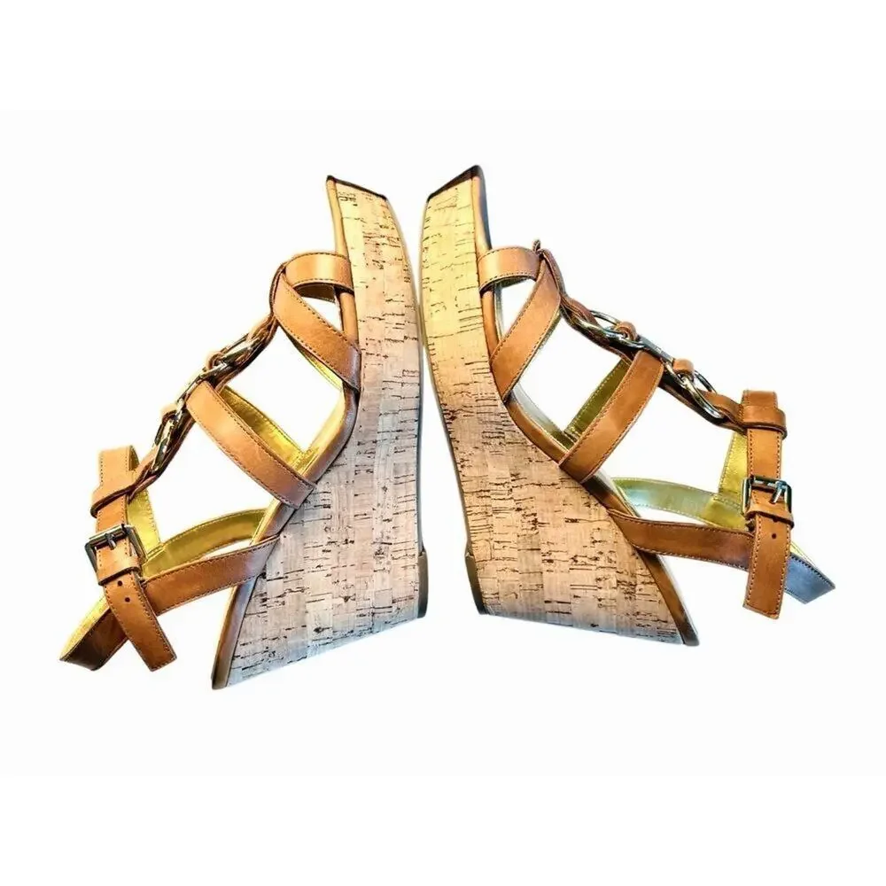 Marc Fisher Genny Brown Leather Strappy Wedge‎ Sandals Gold Metallic Details 10M